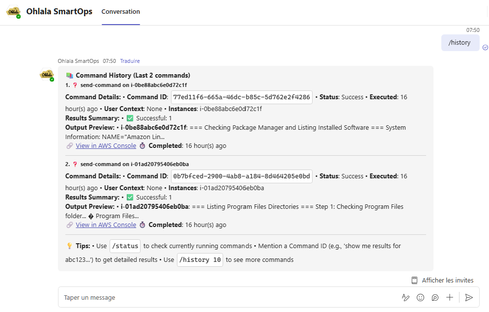 History command showing detailed execution history and results