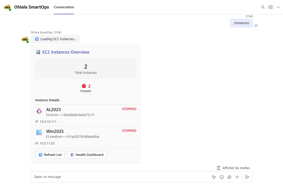 Instances command showing interactive list of EC2 instances with action buttons