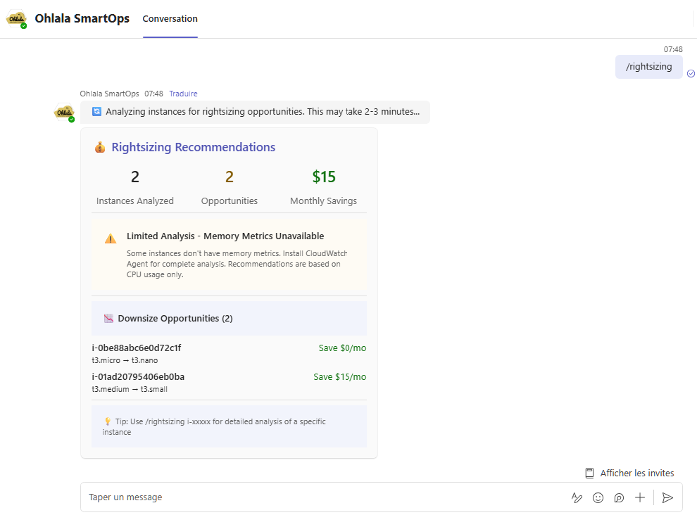 Rightsizing command showing cost optimization recommendations and potential savings