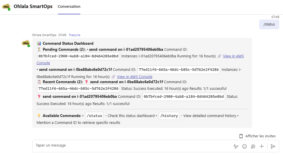 Status command displaying pending operations and recent activity