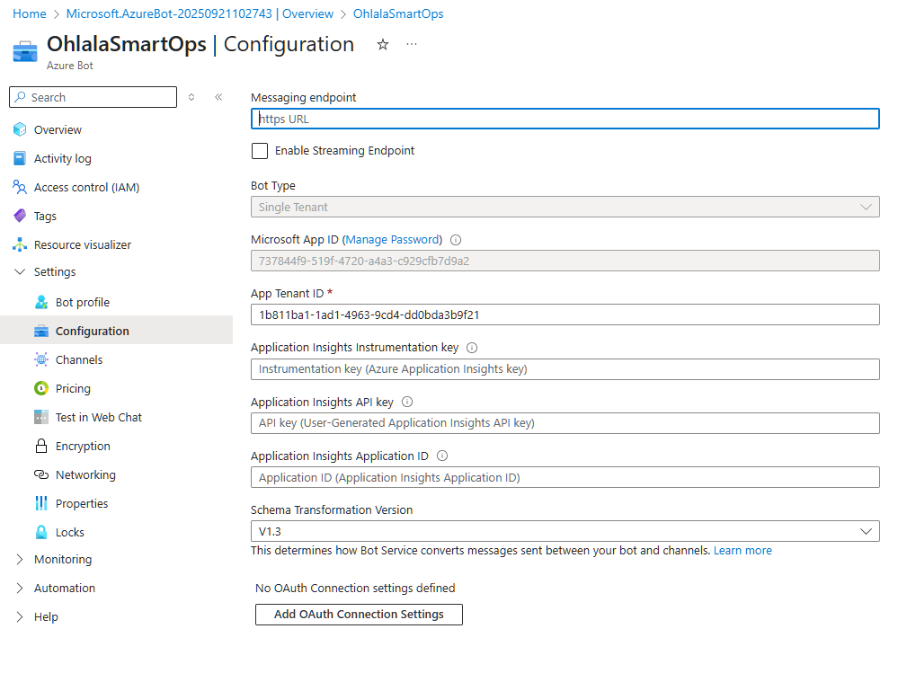 Azure Bot Configuration page with “Create new” button highlighted under “Microsoft App ID”