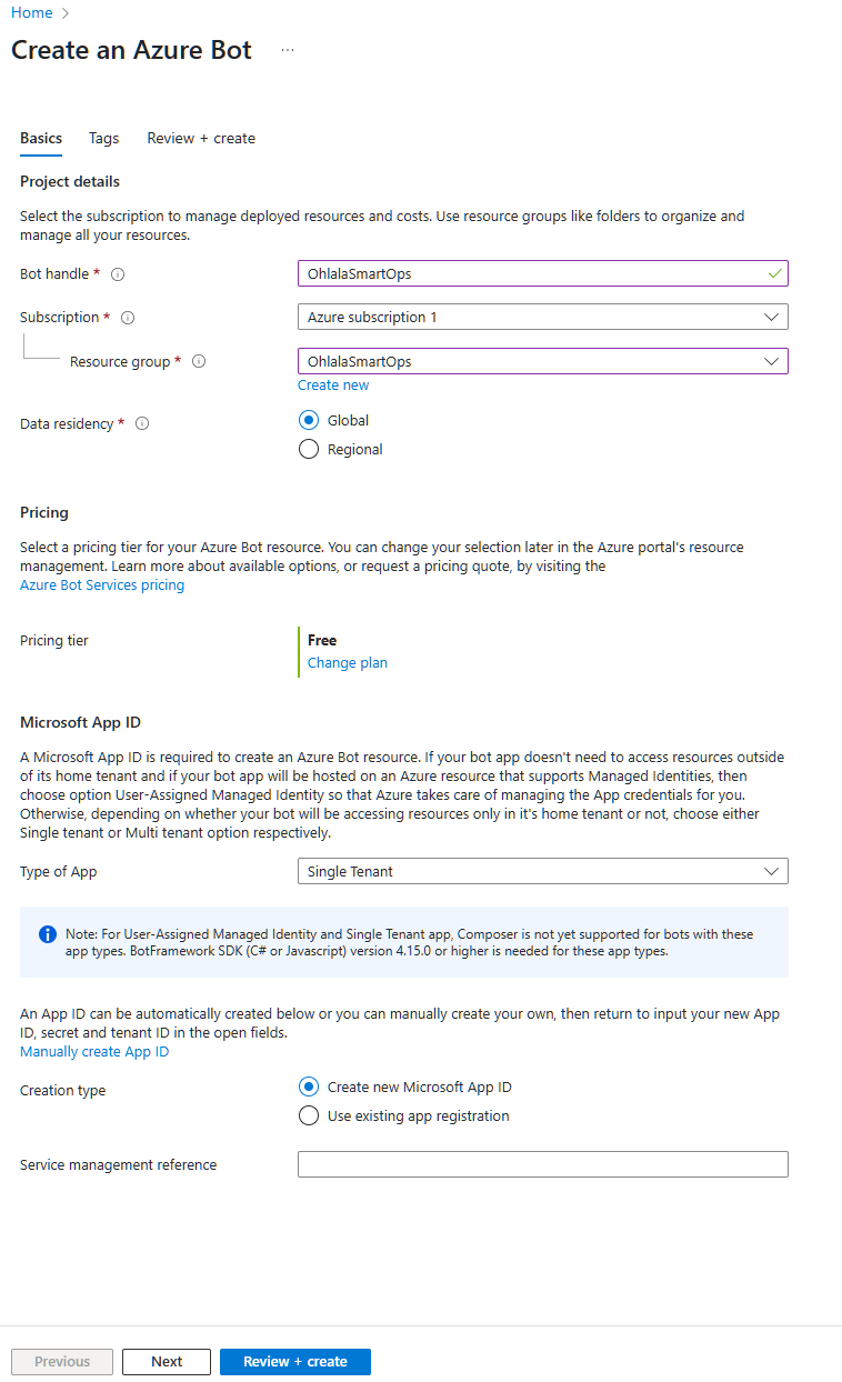 Azure Bot creation page with required fields filled in
