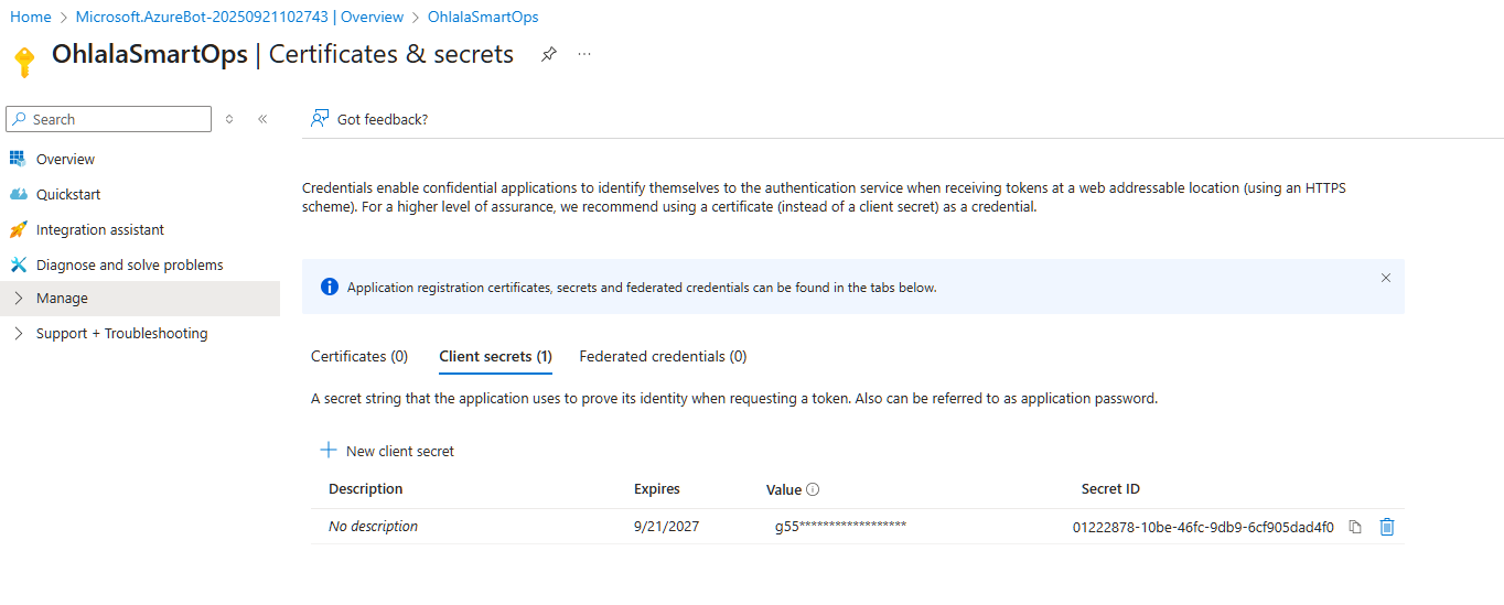 Azure Bot Client Secret creation page with “New client secret” button highlighted