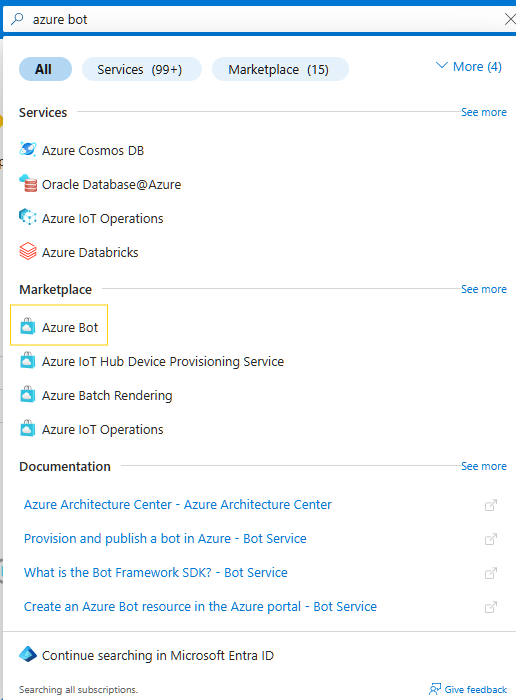 Azure Portal search bar with “Azure Bot” typed in