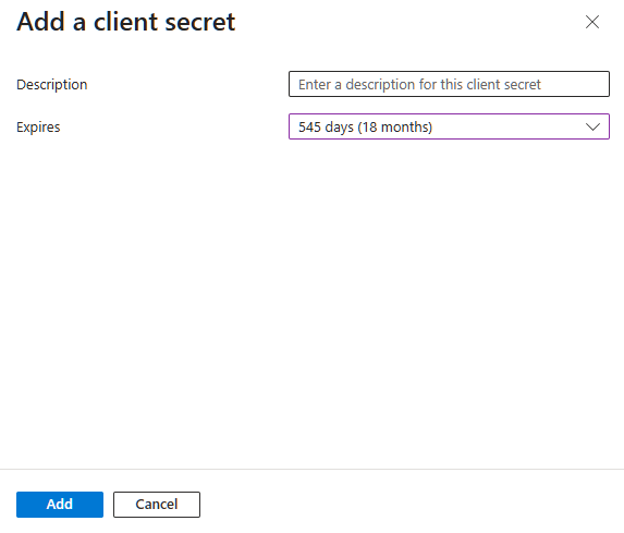 Azure Bot Client Secret creation page with description and expiration fields filled in