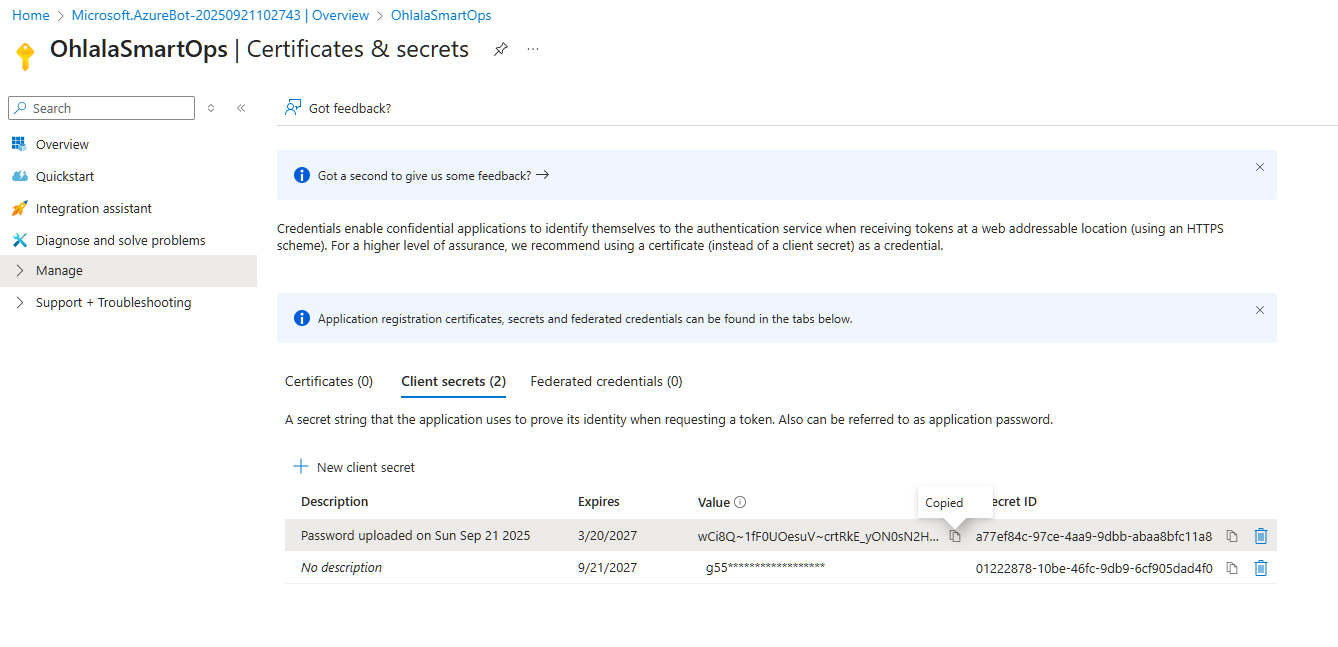Azure Bot Client Secret creation page with “Copy to clipboard” button highlighted