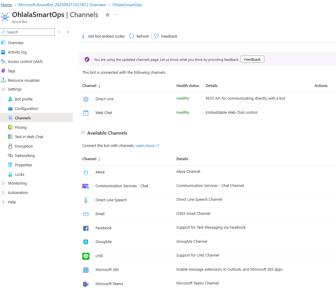 Azure Portal Channels page with “Microsoft Teams” icon highlighted