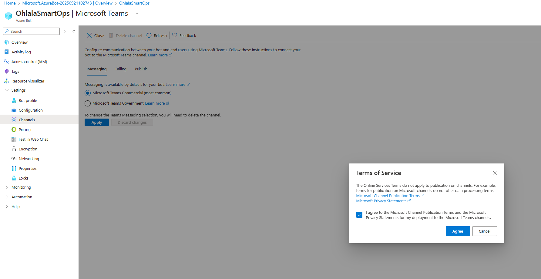 Azure Bot Microsoft Teams channel configuration page with “Agree” button highlighted