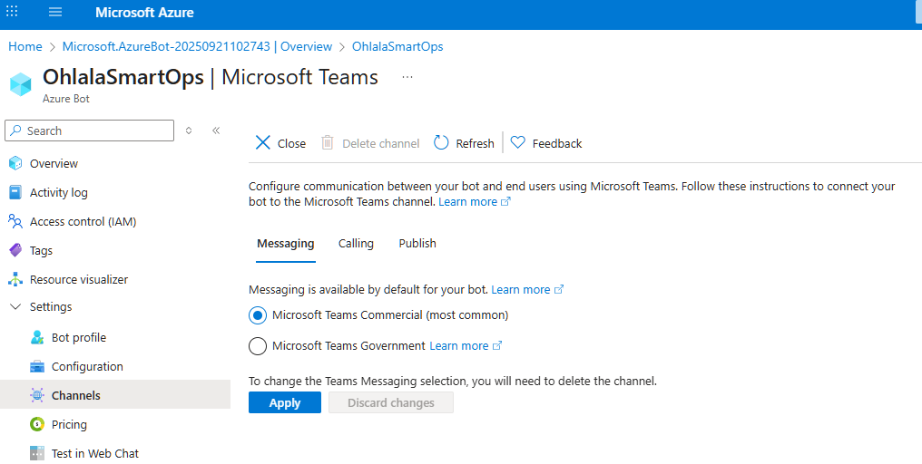 Azure Bot Microsoft Teams channel configuration page with “Apply” button highlighted