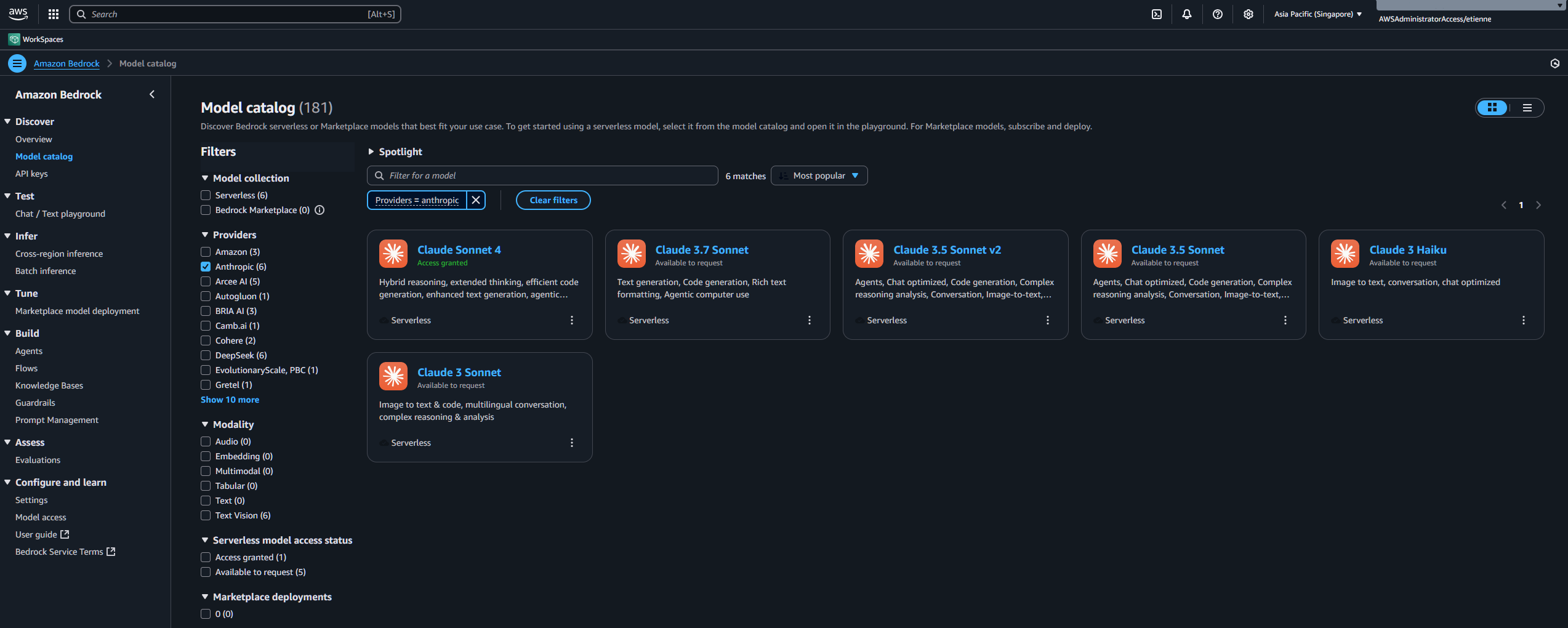 Amazon Bedrock Model access page showing enabled Claude Sonnet 4 with “Access granted” status
