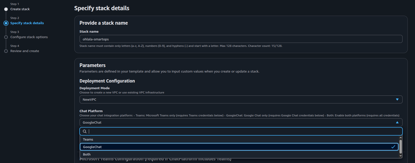 CloudFormation ChatPlatform parameter dropdown