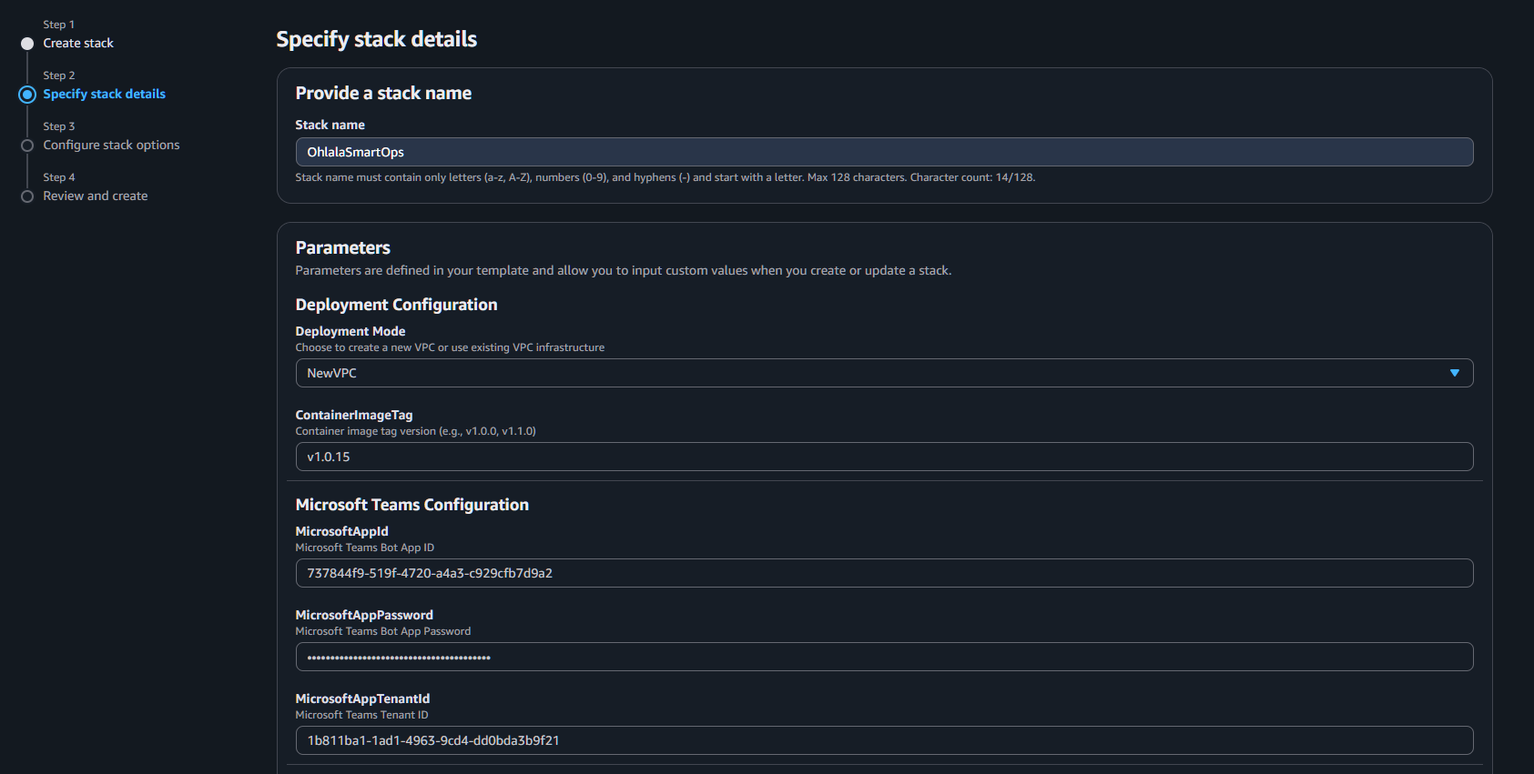 CloudFormation Stack Parameters page with fields filled in