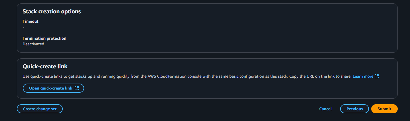 CloudFormation Stack Review page with “Submit” button highlighted
