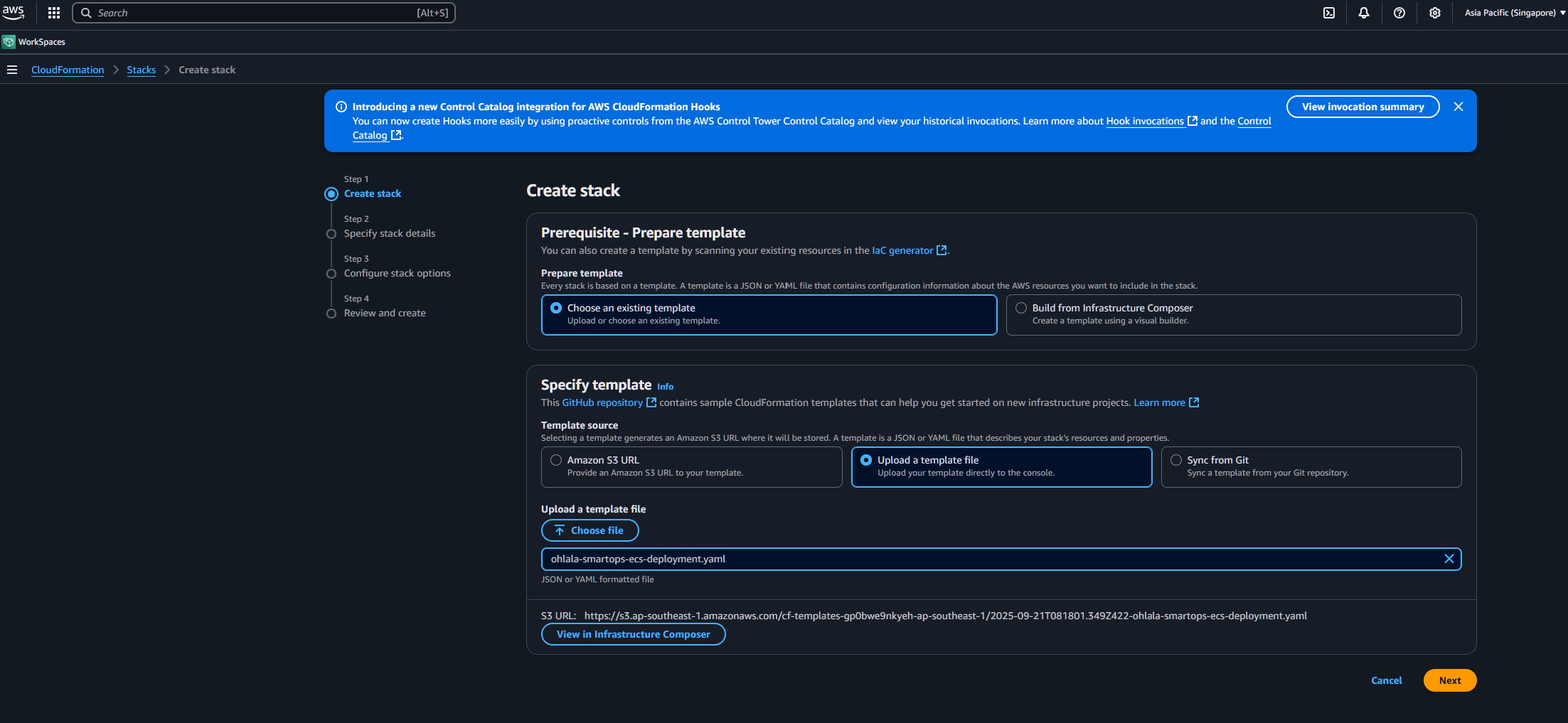 CloudFormation Create Stack page with “Choose an existing template” option and file upload highlighted