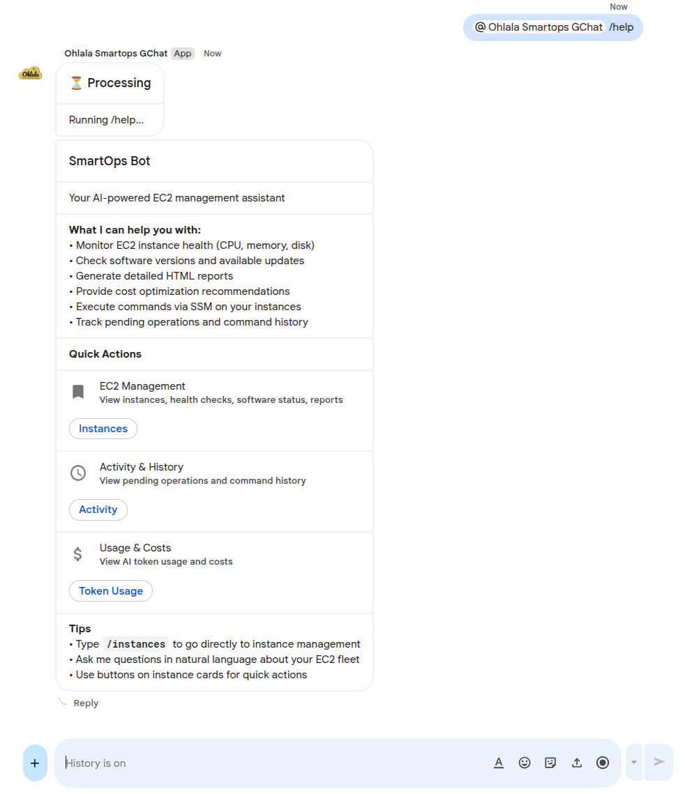 Example conversation with bot showing /help command