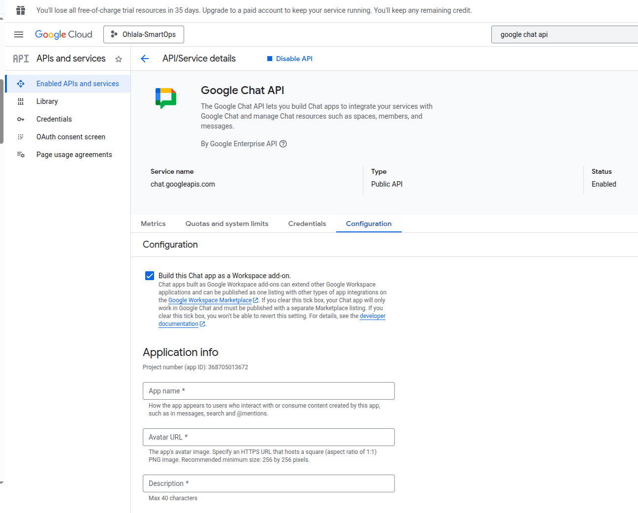 Google Chat API Configuration page