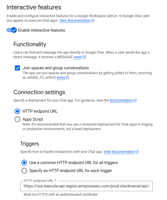 Google Chat API Configuration page