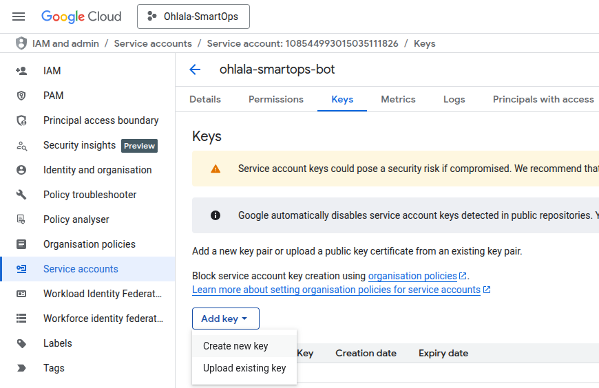 Service Account creation page