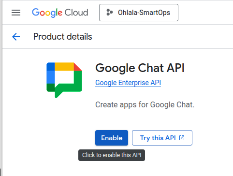 Google Cloud Console Search for Google Chat API