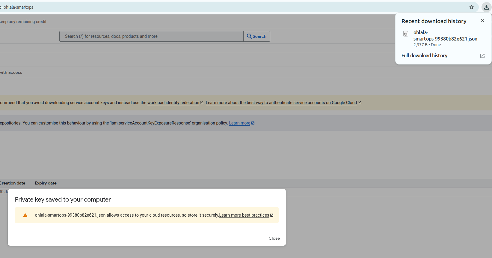 Create JSON key dialog