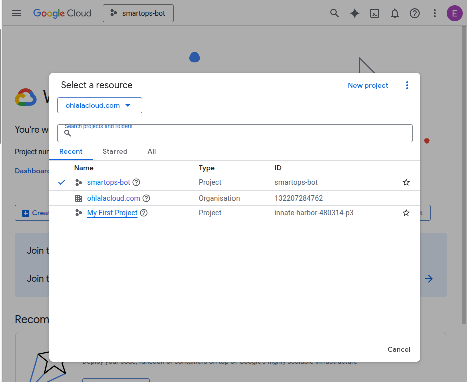 Google Cloud Console Project dialog