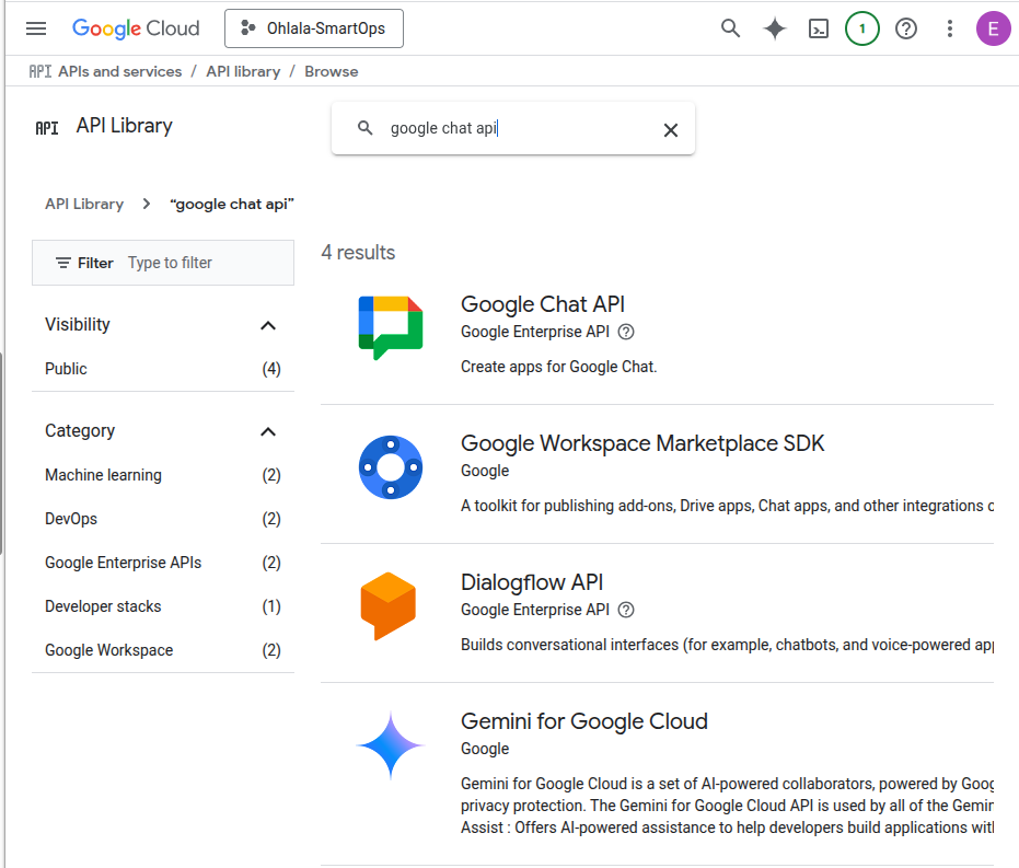 Google Cloud Console Search for Google Chat API