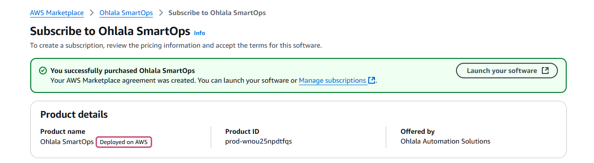AWS Marketplace subscription confirmation page with “Launch your software” button highlighted