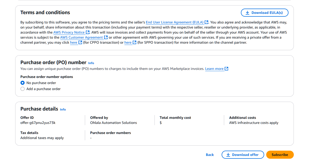 AWS Marketplace subscription confirmation page with “Subscribe” button highlighted