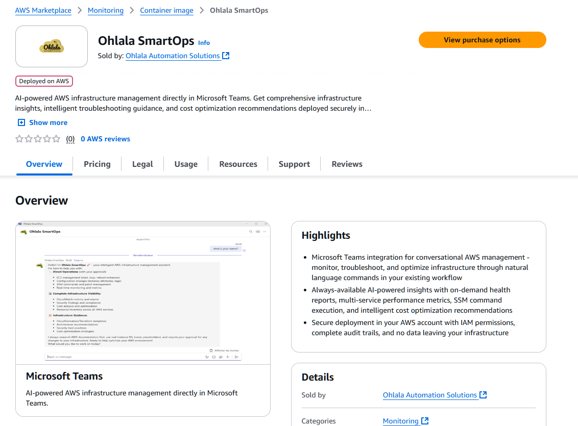 AWS Marketplace product page with “View purchase options” button highlighted