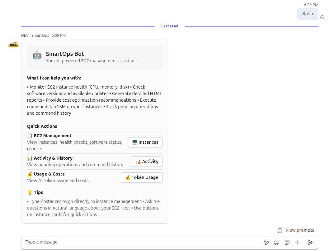 Teams chat showing bot responding to /help command with list of available commands