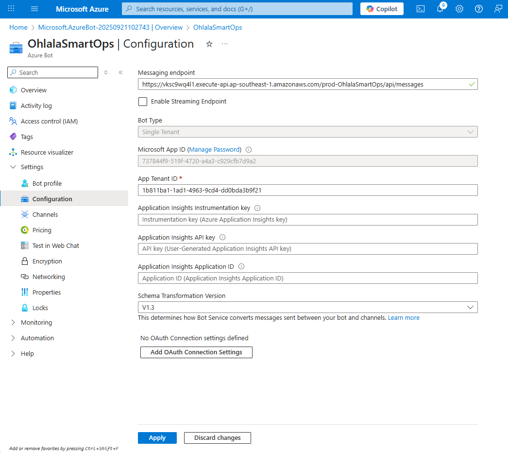 Azure Bot Configuration page with Messaging endpoint field highlighted