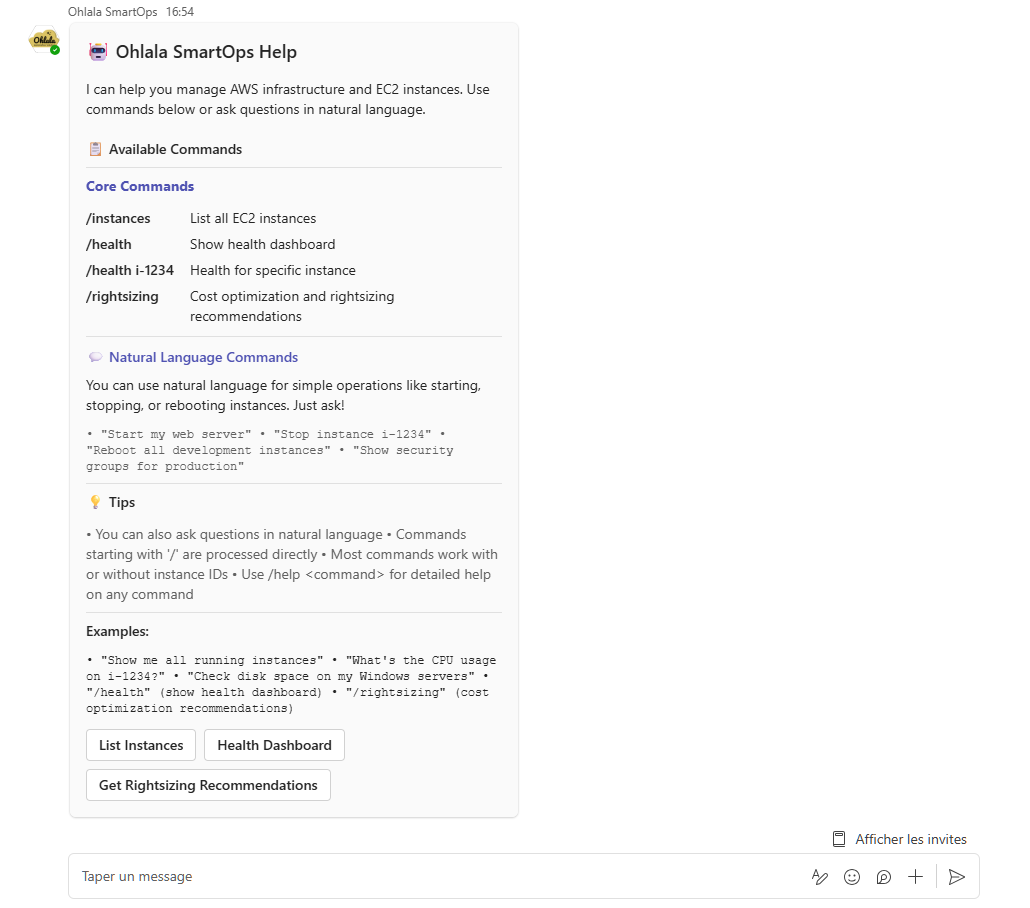 Teams chat showing bot responding to /help command with list of available commands